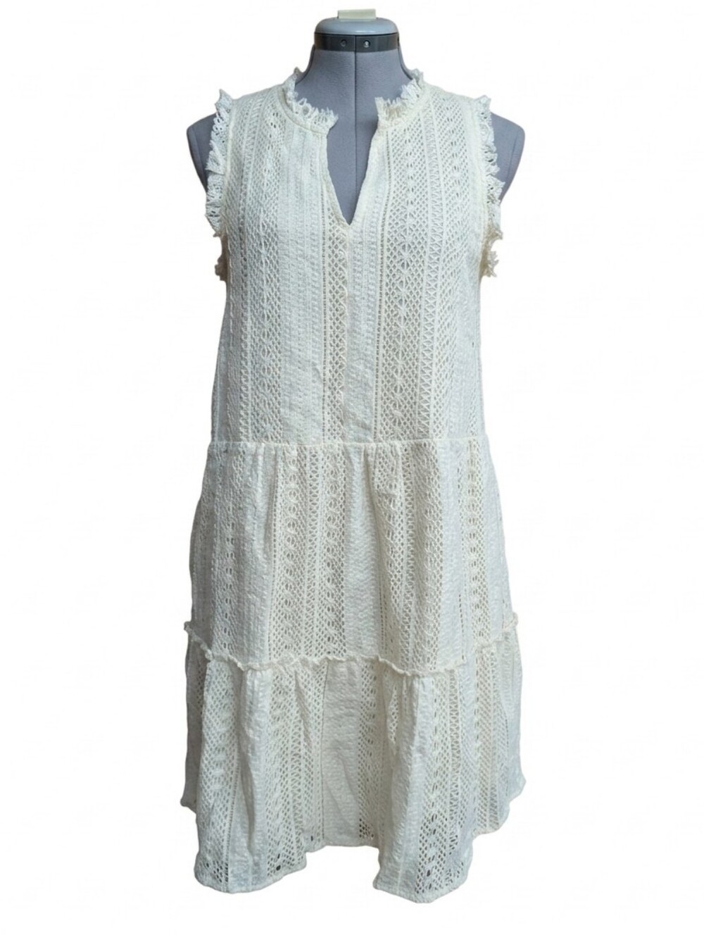 Grade & Gather Cream Eyelet Lace Tiered Babydoll Dress Fringed Mini Small